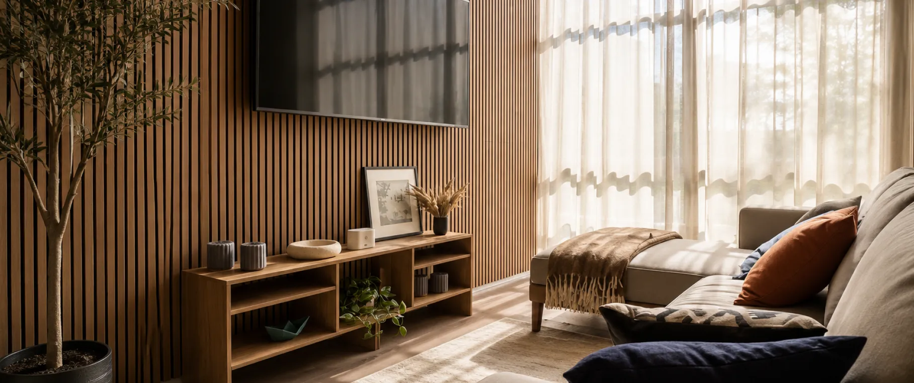 Sala con muro de madera y ventanal de un departamento Alure Del Valle