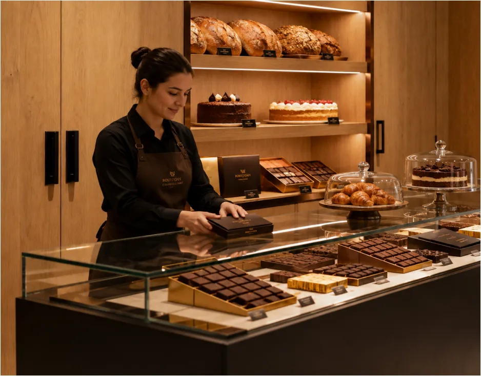 Concepto comercial: pastelería con vitrina de postres