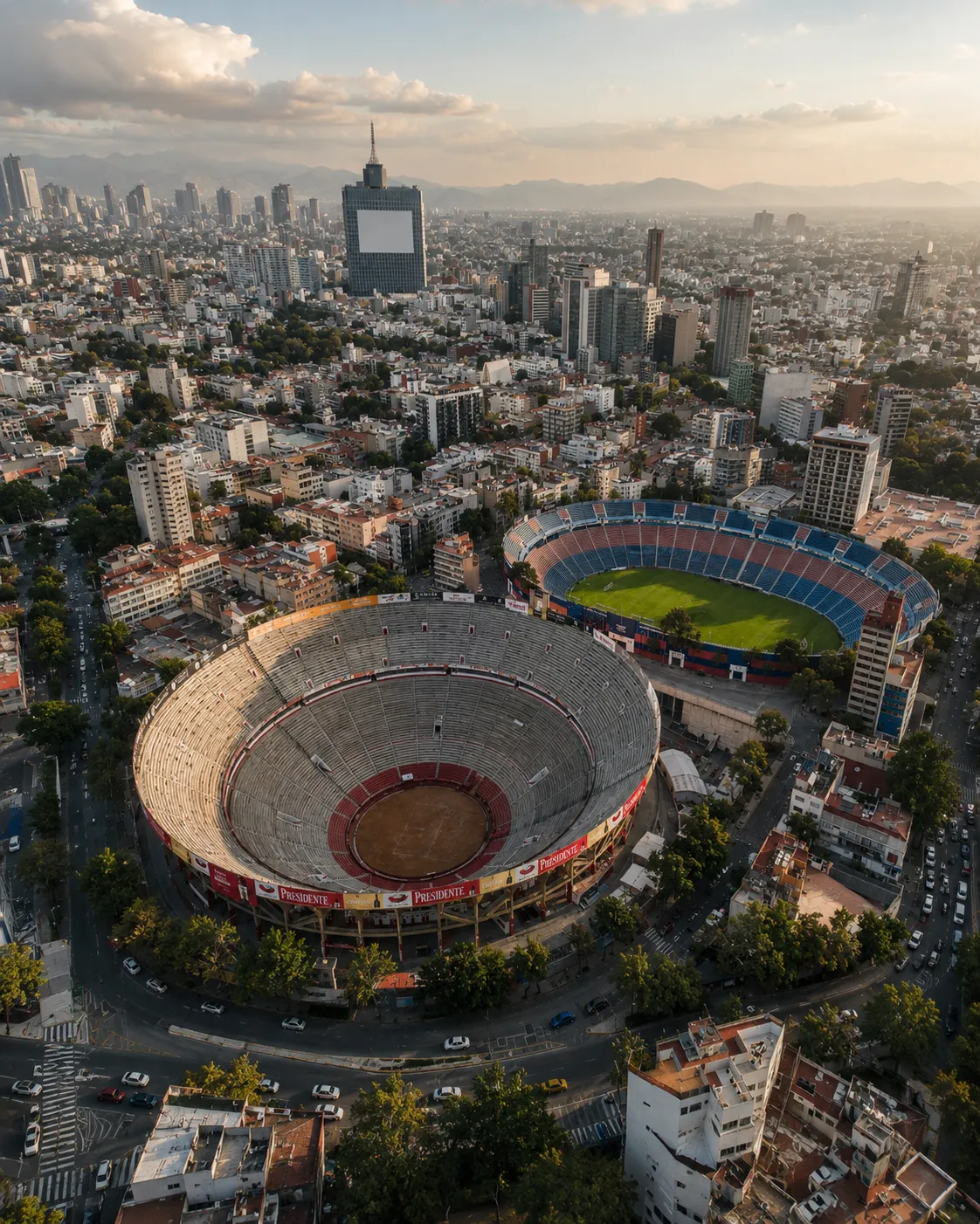 Vista aérea de la Plaza México y el estadio de la Ciudad de los Deportes