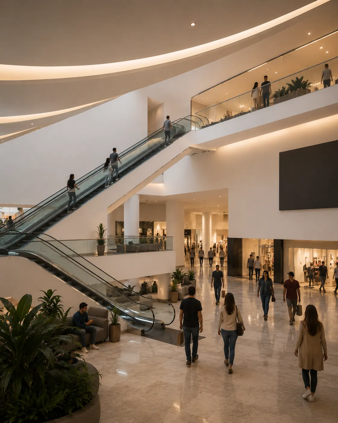 Interior de Plaza Universidad, con sus escaleras y niveles comerciales