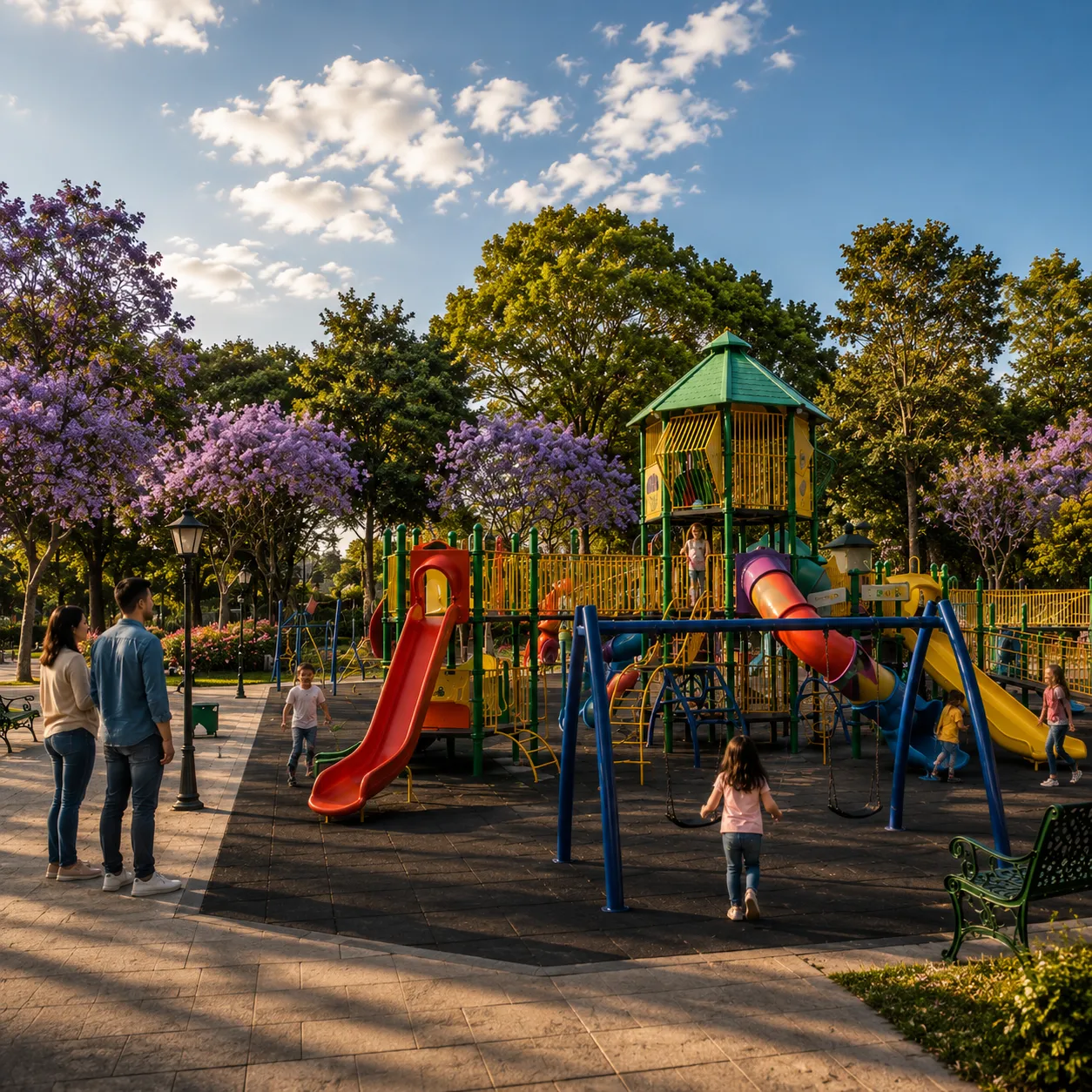 Juegos infantiles entre jacarandas en el Parque de los Venados